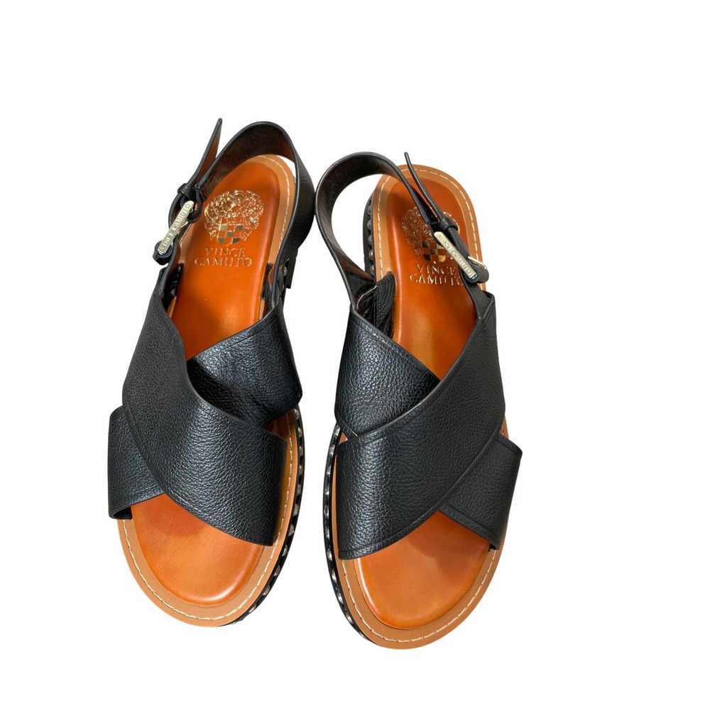 Vince Camuto Black Leather Studded Crisscross Slingback Flat Sandals Womens 7.5M
